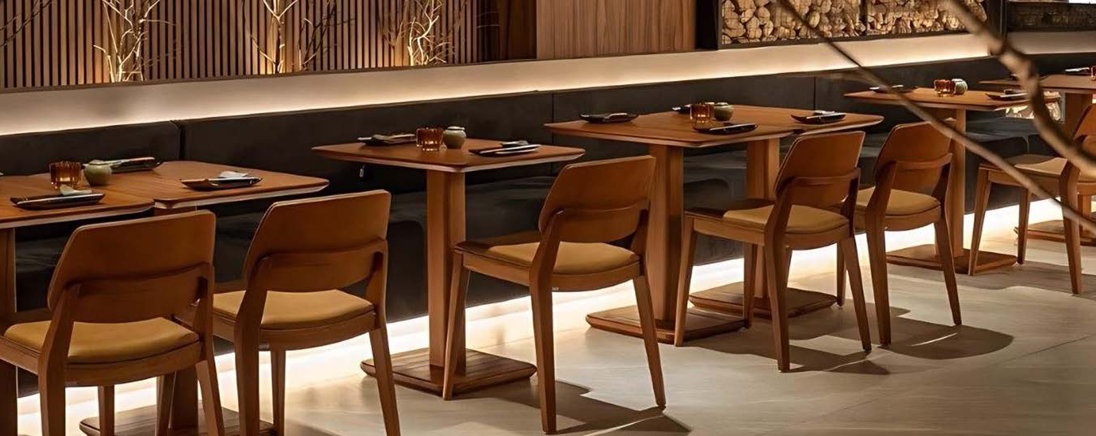 Modern upscale restaurant interior with wooden chairs featuring cream-colored upholstered seats and backs